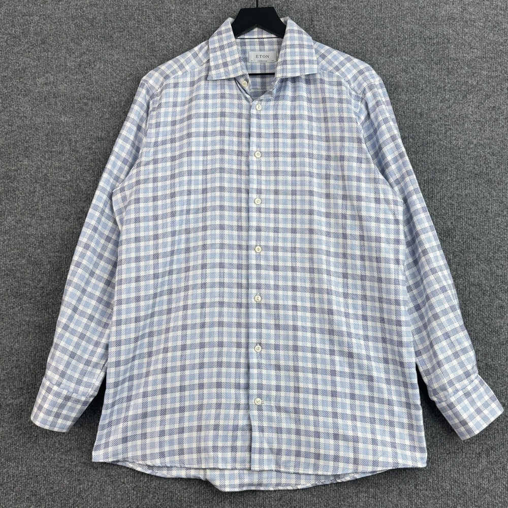 ETON Dress Shirt Mens 16.5 42 Blue Cross Plaid Casual Button Up Long Sleeve